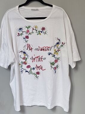 Zara White Oversized Graphic Tee Embroidered Floral Rhinestone Bird Size M